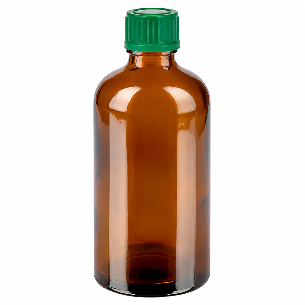 100 ml flaske 11 mm SV grøn STD BrownLine UT18/100 100 ml ravfarvet glasflaske med grønt skruelåg til farmaceutiske anvendelser