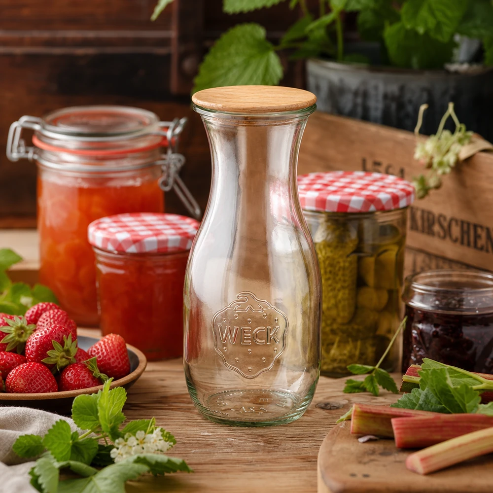 530 ml juiceflaske WECK RR60 med trælåg WECK glasflaske 530 ml RR60 med trælåg i et rustikt køkken ved siden af marmelade, jordbær og syltetøjsglas