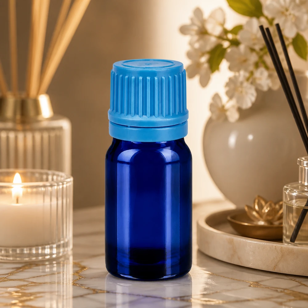 5 ml flaske 11 mm SV blå OV BlueLine UT18/5 Aromaterapiflaske 5 ml i elegant koboltblå med sikker hætte til æteriske olier