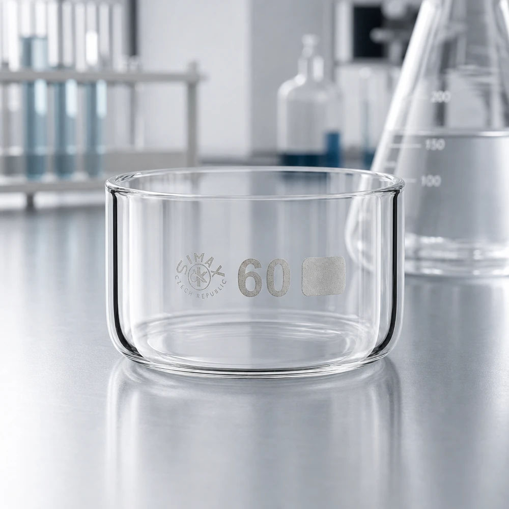 Krystalliseringsskål 60 ml uden tud Borosilikat Tom Simax-krystalliseringsskål, 60 ml, borosilikatglas, cylindrisk, ø 60 mm, på laboratoriebordet