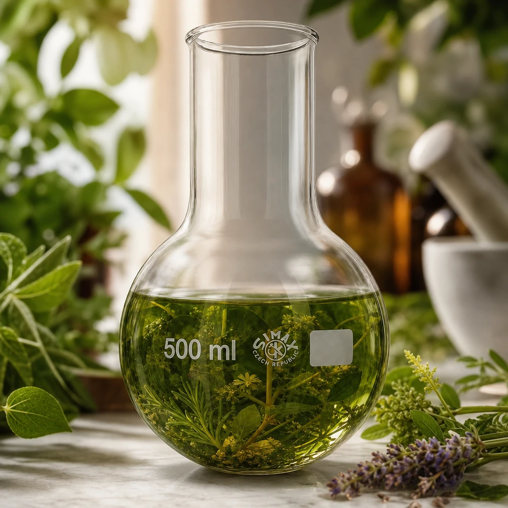 Kolbe med rund bund 500 ml bred hals Rundbundet kolbe med bred hals på 500 ml, ideel til urteekstraktion og destillation af æteriske olier