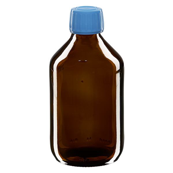 250 ml medicinflaske brun, blå hætte med tyverisikring ApoGlas. Farmaceutisk kvalitet fra EU-produktion. 28 mm (PP28) gevind. (sirup, lys glasflaske) 250 ml medicinflaske brun, blå hætte med tyverisikring ApoGlas. Farmaceutisk kvalitet fra EU-produktion. 28 mm (PP28) gevind. (sirup, lys glasflaske)