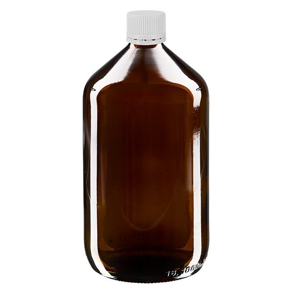 1000 ml medicinflaske brun, hvid hætte med manipulationssikker ring ApoGlas. Farmaceutisk kvalitet fra EU-produktion. 28 mm (PP28) gevind. (sirup, let glasflaske) 1000 ml medicinflaske brun, hvid hætte med manipulationssikker ring ApoGlas. Farmaceutisk kvalitet fra EU-produktion. 28 mm (PP28) gevind. (sirup, let glasflaske)