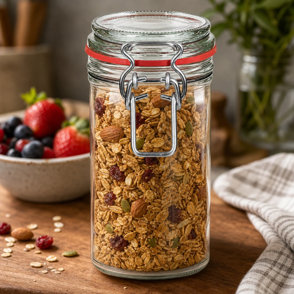 272 ml opbevaringsglas, type G, med bøjlelåg UN.. 272 ml opbevaringsglas med svingtop fyldt med müsli og nødder på træbord ved siden af friske bær