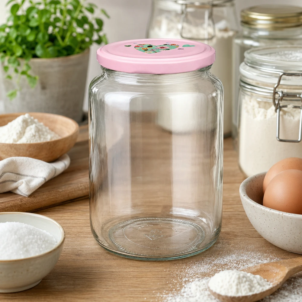 795 ml rund krukke + BasicSeal låg, lyserødt hjerte, UNiTWIST Leeres Rundglas 795ml mit rosa BasicSeal Deckel in Küchenszenerie zwischen Backzutaten Mehl und Eiern auf Holzbrett