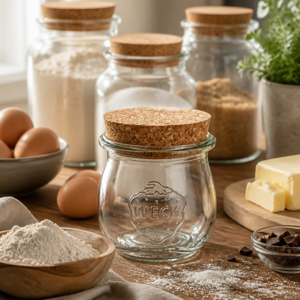 75 ml tulipankrukke WECK RR40 med kork natur WECK tulipankrukke 75ml RR40 med korklåg i rustik køkkenscene med æg, mel, smør og bageingredienser