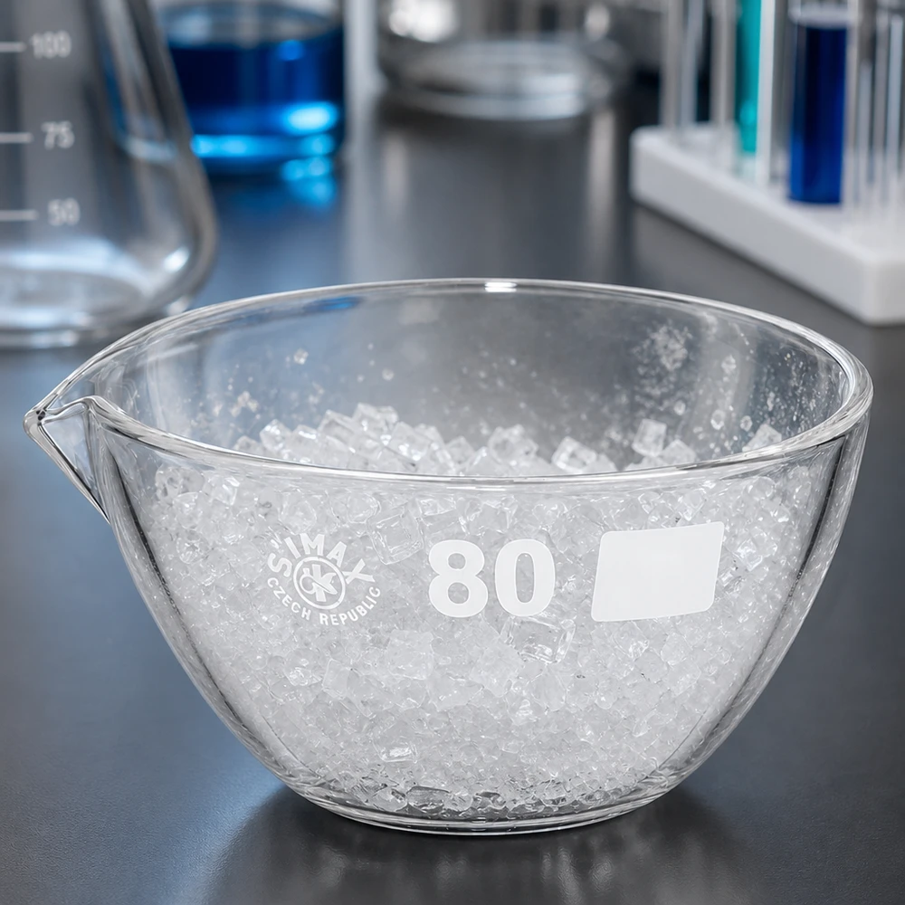 90 ml fordampningsskål med borosilikat-tud Rund fordampningsskål 90 ml borosilikat transparent med tud diameter 80 mm til laboratoriearbejde