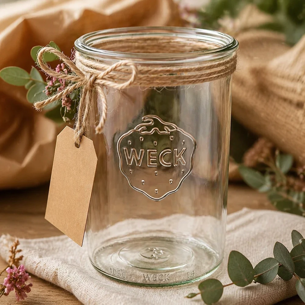 1000 ml WECK RR100-glas med skrå kant 1000 ml WECK RR100 syltekrukke med jutesnor og vedhæng dekoreret på et rustikt træbord