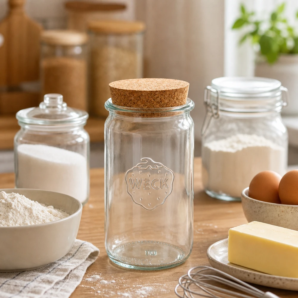 340 ml cylinderglas WECK RR60 med kork natur WECK konserveringsglas 340 ml RR60 med kork mellem bageingredienser mel smør æg som et praktisk køkkenopbevaringsglas