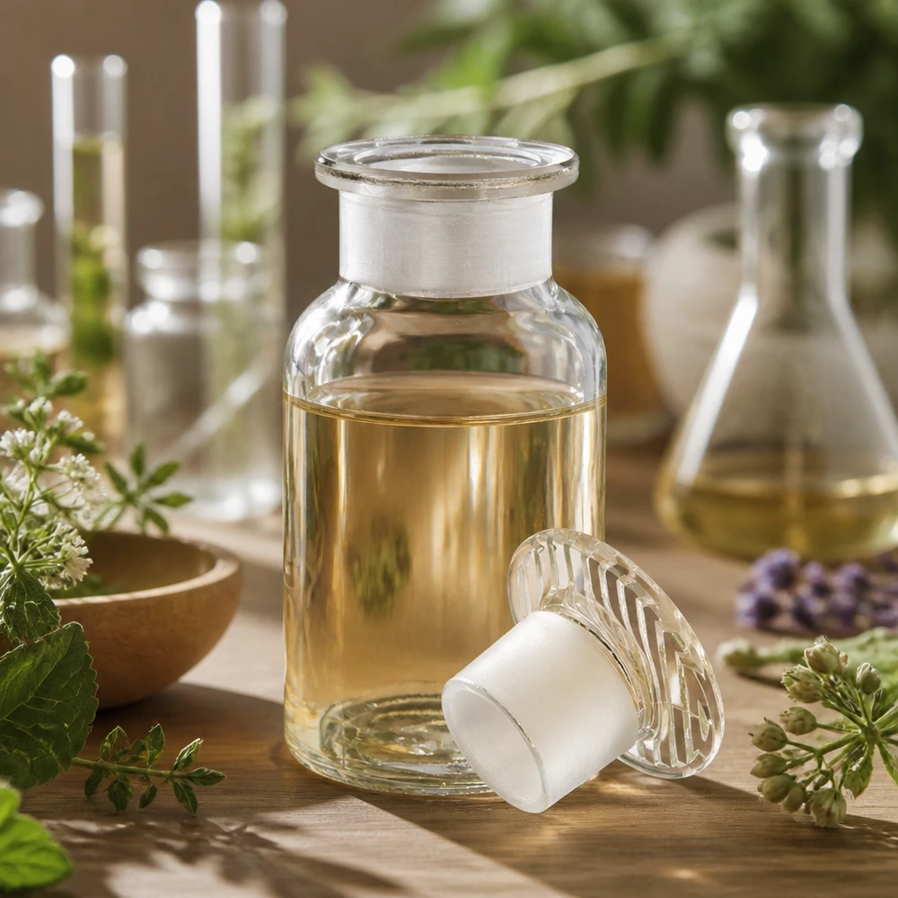 Rund skulderflaske 100 ml klar glasprop med bred hals Rundskulderflaske, 100 ml, klar, med bredhalset glasprop til æteriske olier og ekstrakter