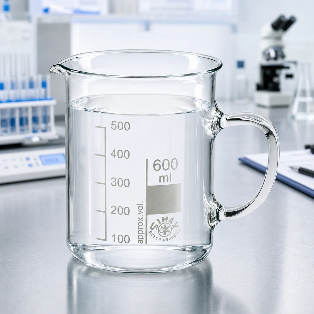 Bæger 600 ml borosilikatglas, med håndtag Gennemsigtigt bægerglas på 600 ml med hank fra Simax i Tjekkiet på et laboratoriebord med mikroskop