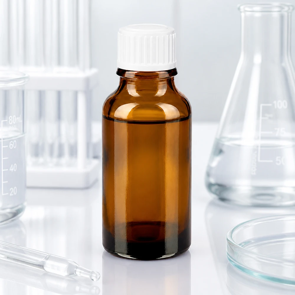 Brun apotekerflaske på 20 ml med hvid SV STD 11 mm i laboratoriet mellem en Erlenmeyer-kolbe og et bægerglas