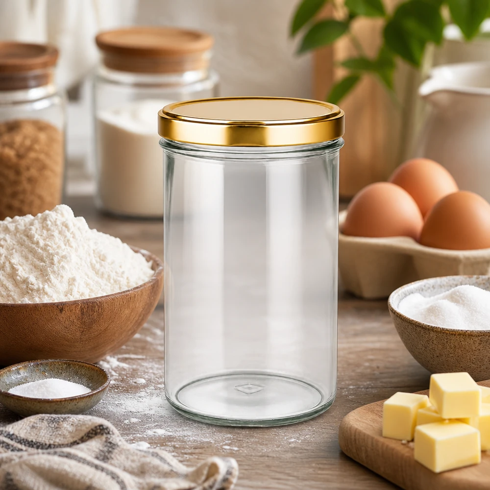 277 ml Briller med BasicSeal-låg guld UNiTWIST 277 ml glaskrukke med gyldent låg i køkken med bageingredienser mel æg smør som opbevaringskrukke til bagning