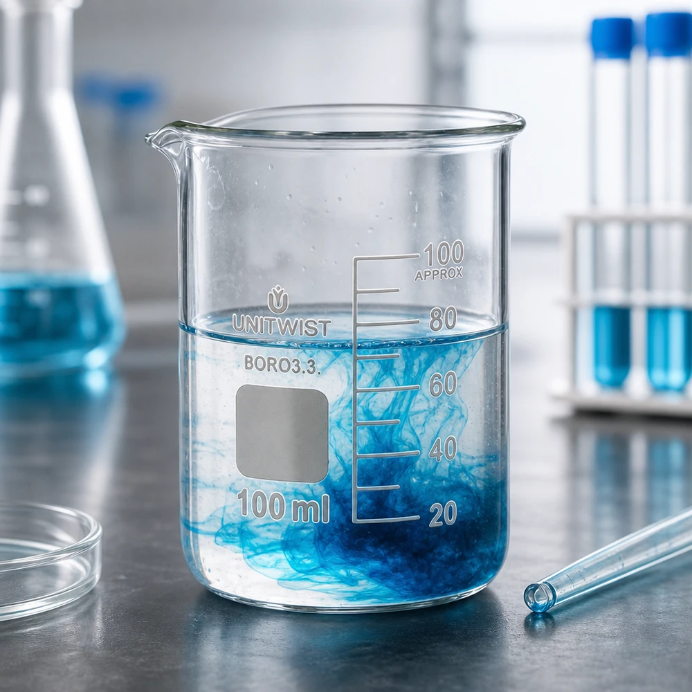 Bæger 100 ml borosilikat, lav form UNiTWIST Gennemsigtigt laboratoriebæger på 100 ml med blå, spredende væske på en metaloverflade