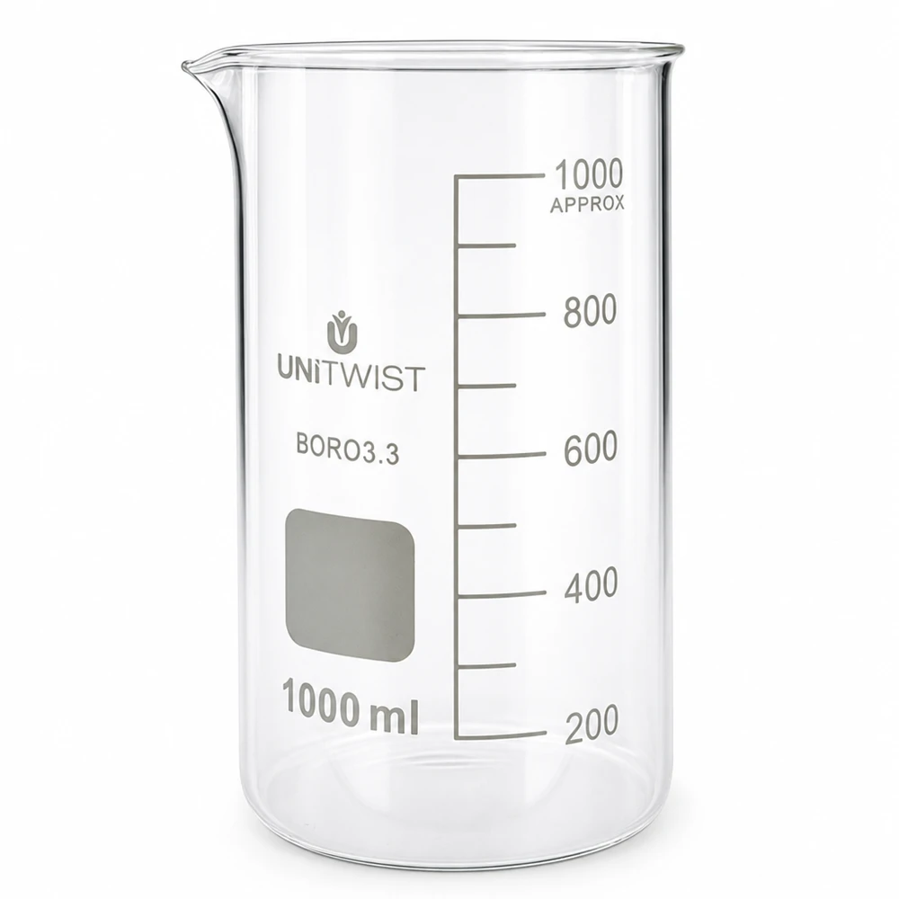 Bæger 1000 ml borosilikat, høj form UNITWIST 1000 ml høj bægerglas af borosilikatglas fra UNITWIST med milliliterskala op til 1000 ml