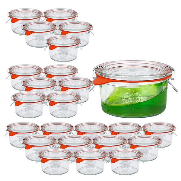 Sæt med 24 Weck-krukker 165 ml Briller med 24 glaslåg Sæt med 24 Weck-krukker 165 ml Briller med 24 glaslåg