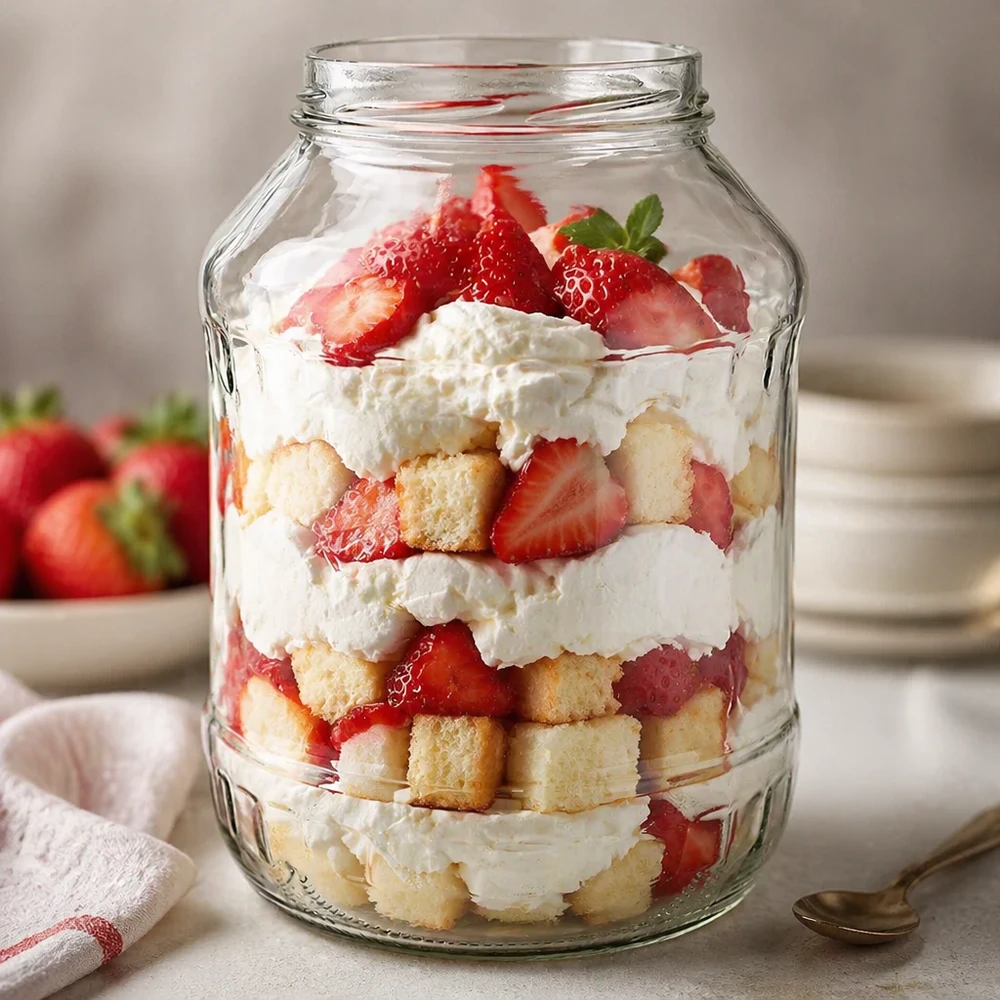 UNiTWIST Runda2650 - Briller med en kapacitet på 2650 ml TO100 UNiTWIST Runda2650 glas 2650 ml med lagdelt dessert af jordbær, fløde og kagestykker TO100 dessertglas med gevind