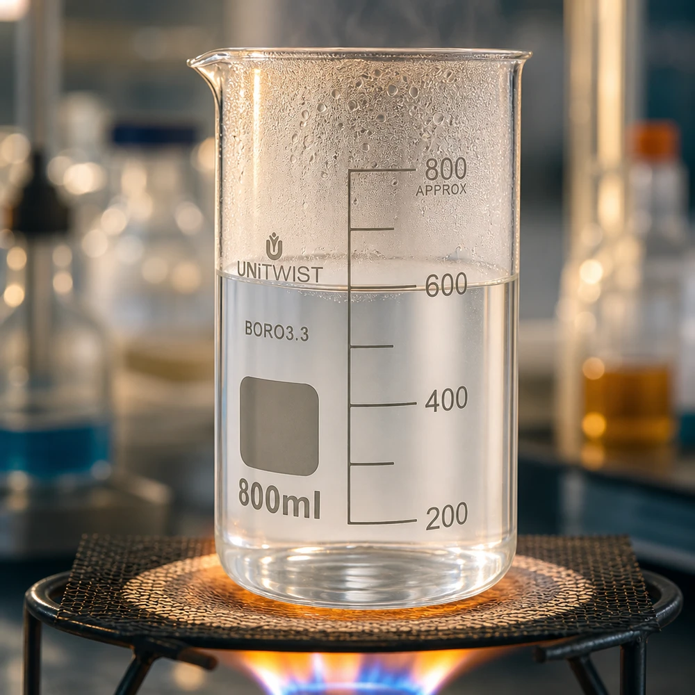UNITWIST bægerglas 800 ml, borosilikatglas, høj model, opvarmet på gasbrænder med klar væske