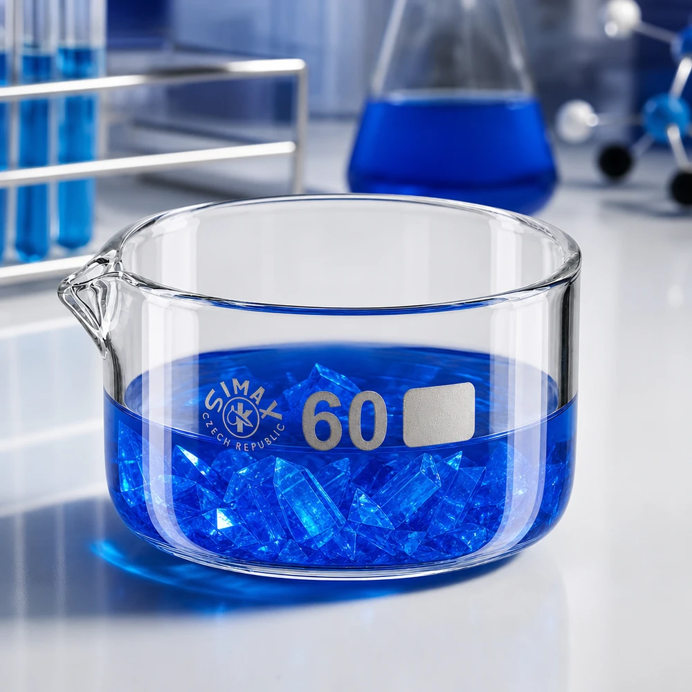 Krystalliseringsskål 60 ml med borosilikat-tud Simax krystalliseringsskål 60 ml, borosilikatglas, blå krystaller, laboratorieskål, cylindrisk, flad, gennemsigtig