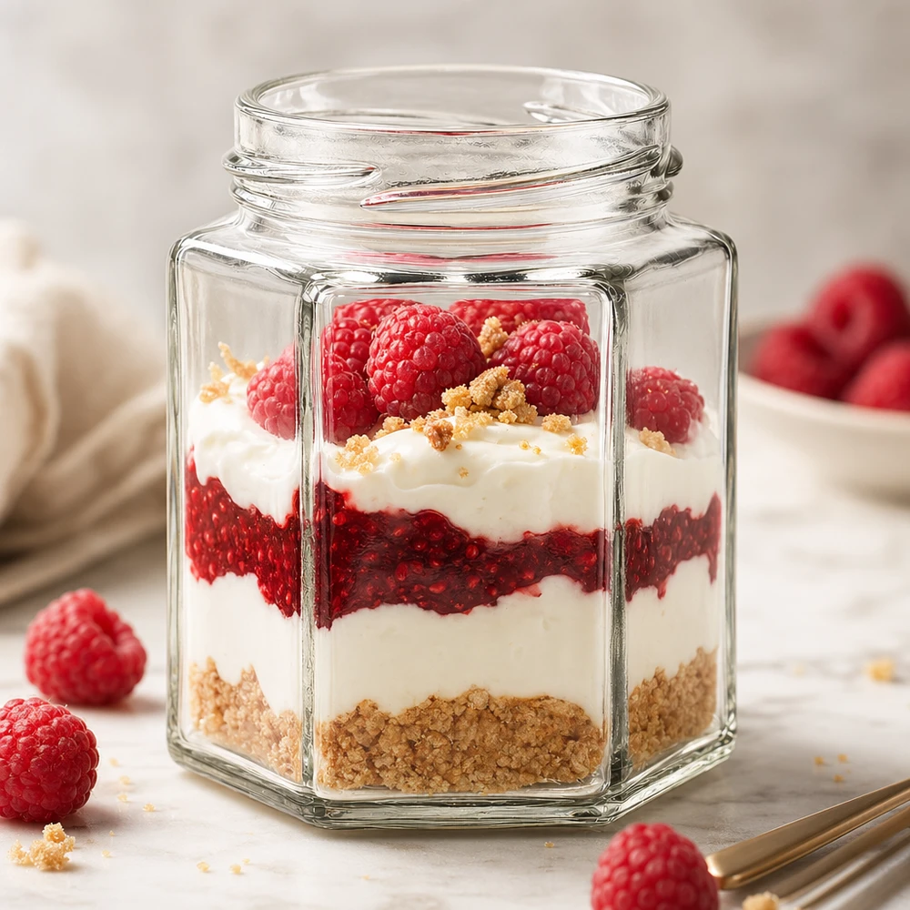 UNiTWIST Hexa196 - 6-hjørnet krukke med en kapacitet på 196 ml TO58 UNiTWIST Hexa196 sekskantet glas 196 ml fyldt med en lagdelt dessert af bær, yoghurt og kiksekrummer