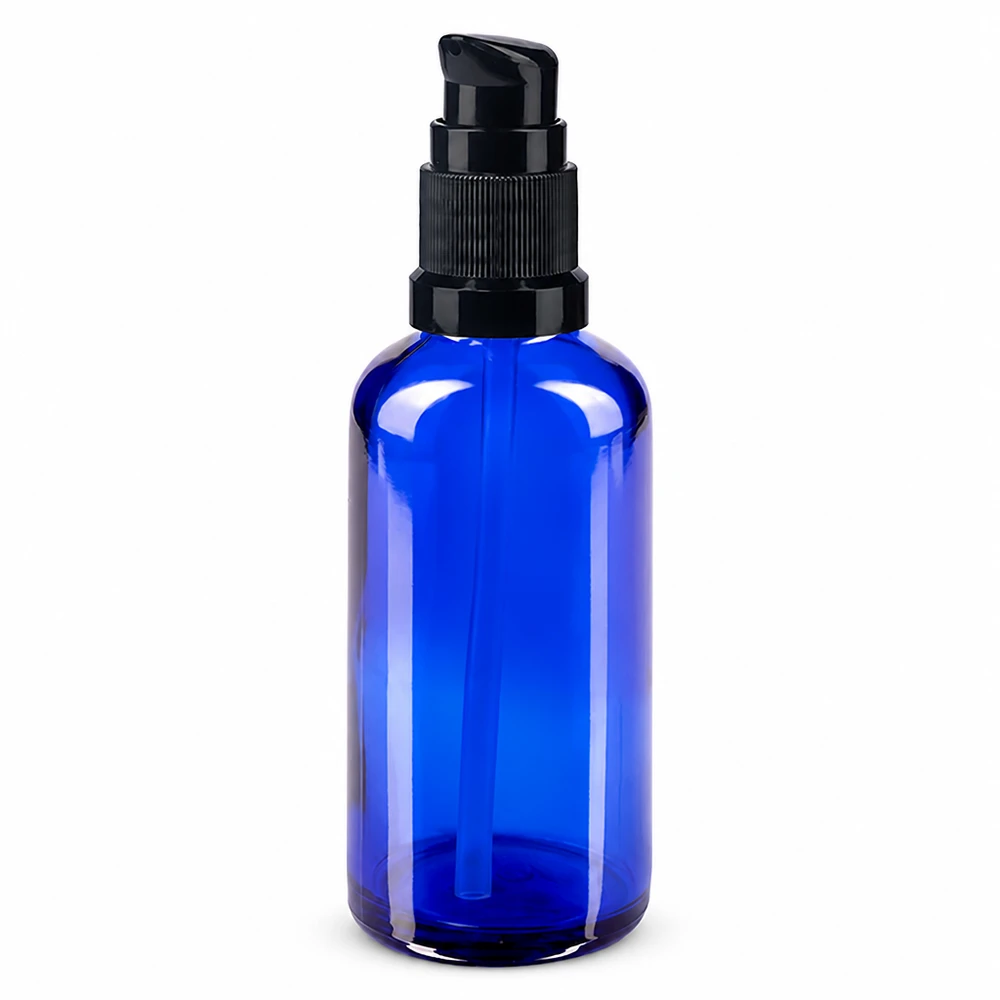 50 ml blå glasflaske med sort pumpe til apoteker og kosmetik