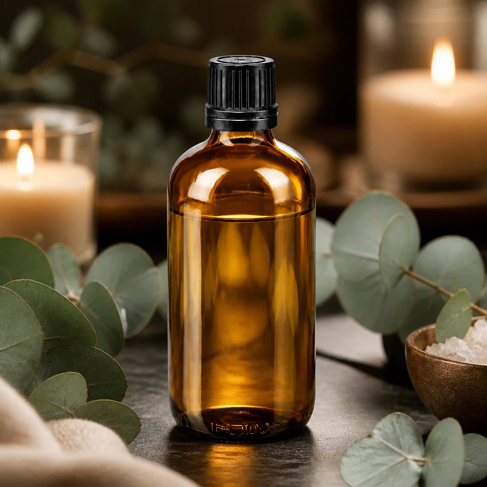 Apoteksflaske brun 100ml dryp v. Pr 1mm sort OV 100 ml dråbeflaske af brunt glas med sort OV-lukning på en spa-baggrund med eukalyptus