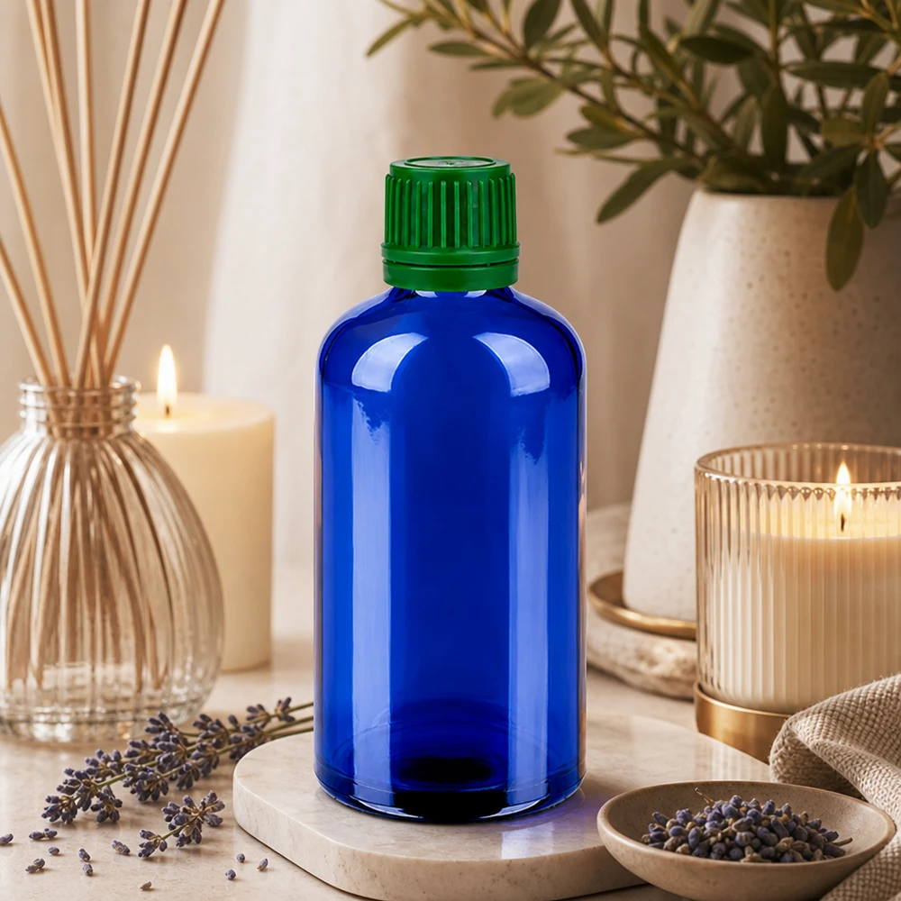 100 ml violet glasflaske med UV-beskyttelse og grøn hætte til lysfølsomme stoffer