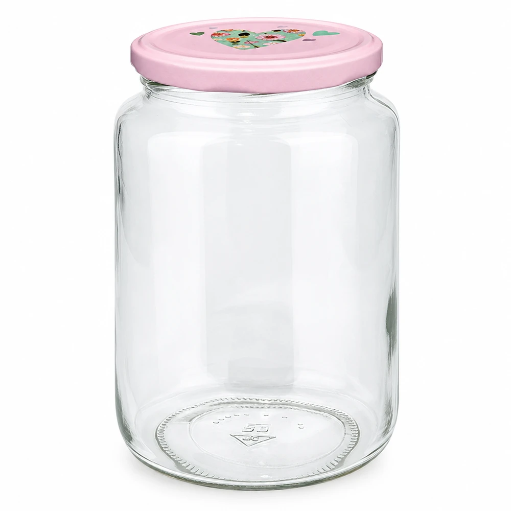 795 ml rund krukke + BasicSeal låg, lyserødt hjerte, UNiTWIST Rundglas 795ml mit rosa BasicSeal Deckel Herz-Motiv Einmachglas Vorratsglas mit Twist-Off Verschluss leer