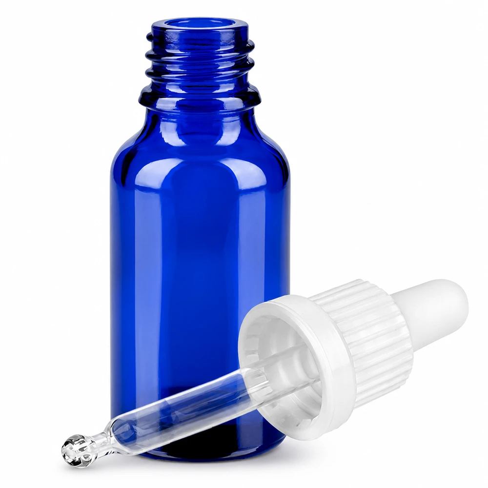 Blå glasflaske 20 ml med dråbepipette til æteriske olier og kosmetik