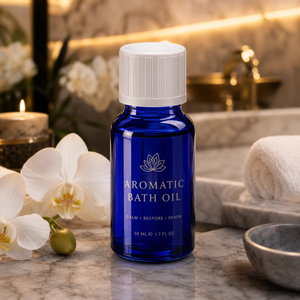 Apoteksflaske blå 10ml dråbetæller hvid KiSi St 50 ml blå flaske med aromaolie med hvid børnesikring på marmor ved siden af en orkidé
