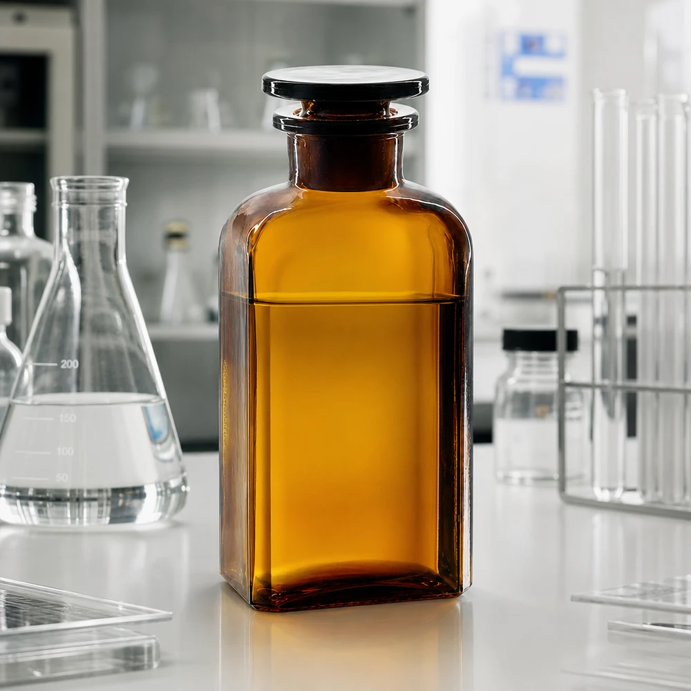 Firkantet flaske 250 ml brun glasprop med bred hals Laboratorieflaske af brunt glas, 250 ml, firkantet, med slebet prop, lysbeskyttet opbevaring