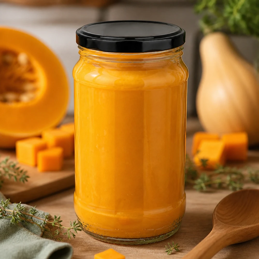 370 ml rundt glas + BasicSeal sort UNiTWIST 370 ml UNiTWIST-glas med sort BasicSeal-låg, fyldt med græskarpuré omgivet af frisk butternut-græskar