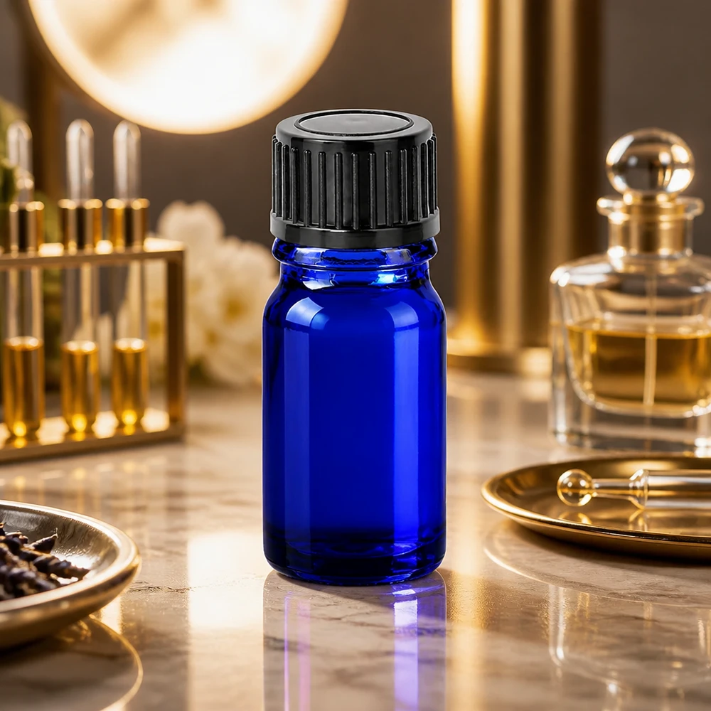 5ml flaske 11mm SV sort STD BlueLine UT18/5 Premium 5 ml flaske lavet af UV-beskyttende blåt glas med sort hætte til laboratoriekvalitet