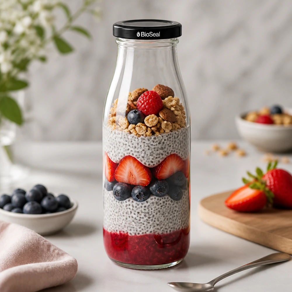 500 ml glasflaske + BioSeal-låg sort UNiTWIST. Absolut lækagesikker med stort TO48-låg. Til mælk, juice og limonade. 500 ml glasflaske fyldt med chia-budding, lagdelt dessert - bær, nødder og BioSeal-låg til sunde måltider