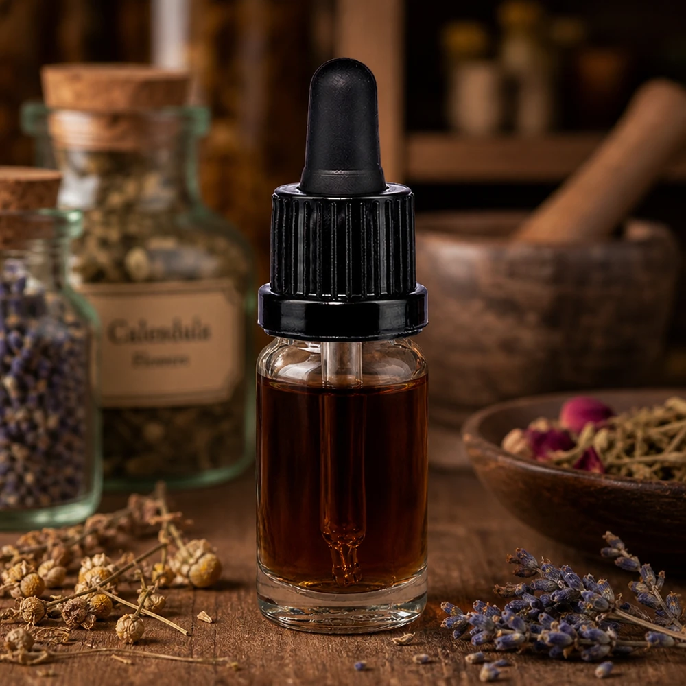 10 ml pipetteflaske sort OV ClearLine UT18/10 Gennemsigtig 10 ml pipetteflaske med sort dråbetæller ved siden af calendula-glas og lavendel
