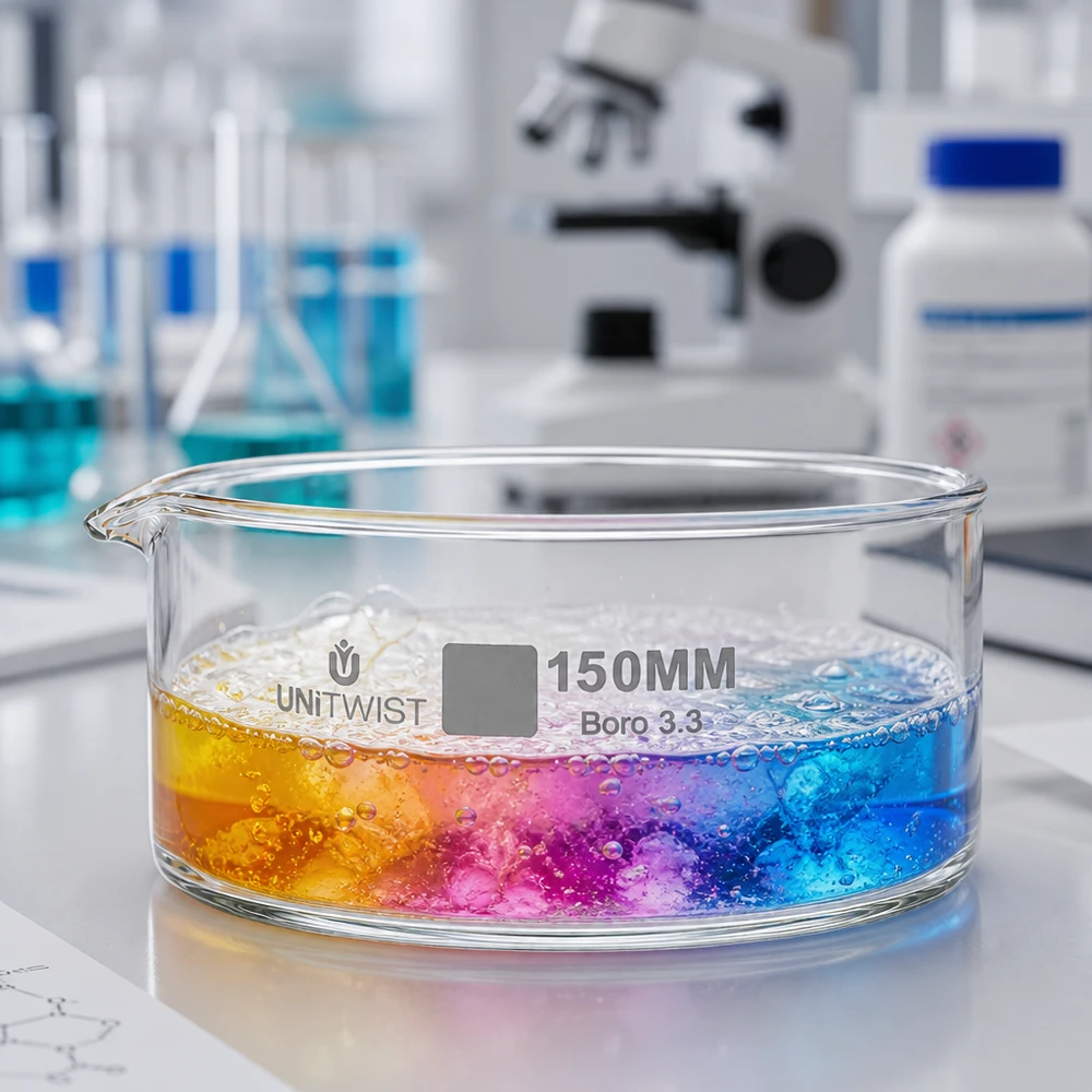 Krystalliseringsskål ø150mm borosilikatglas UNiTWIST Krystalliseringsskål 150 mm UNiTWIST Boro 3.3 med farverig reaktion (gul, lyserød, blå) i laboratoriet