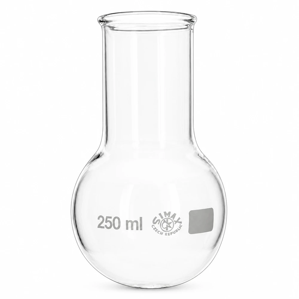 Kolbe med rund bund og bred hals 250 ml Bredhalset kolbe med rund bund 250 ml med bred åbning for nem påfyldning og rengøring