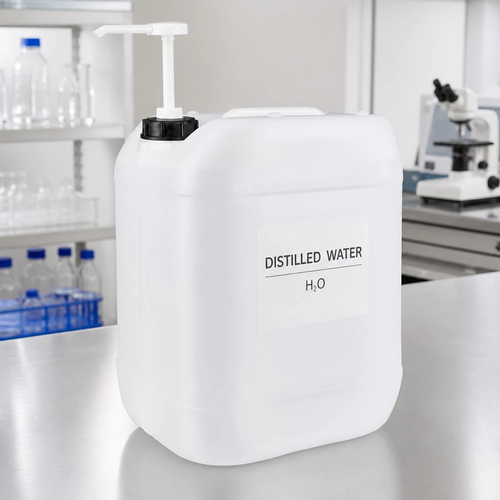 Beholder 20 liter med doseringspumpe 20-liters laboratoriebeholder med pumpe, fyldt med destilleret vand (H₂O), på et bord af rustfrit stål