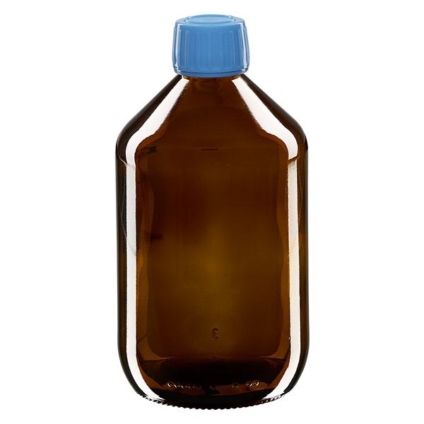 500 ml medicinflaske brun, blå hætte med tyverisikring ApoGlas. Farmaceutisk kvalitet fra EU-produktion. 28 mm (PP28) gevind. (sirup, lys glasflaske) 500 ml medicinflaske brun, blå hætte med tyverisikring ApoGlas. Farmaceutisk kvalitet fra EU-produktion. 28 mm (PP28) gevind. (sirup, lys glasflaske)