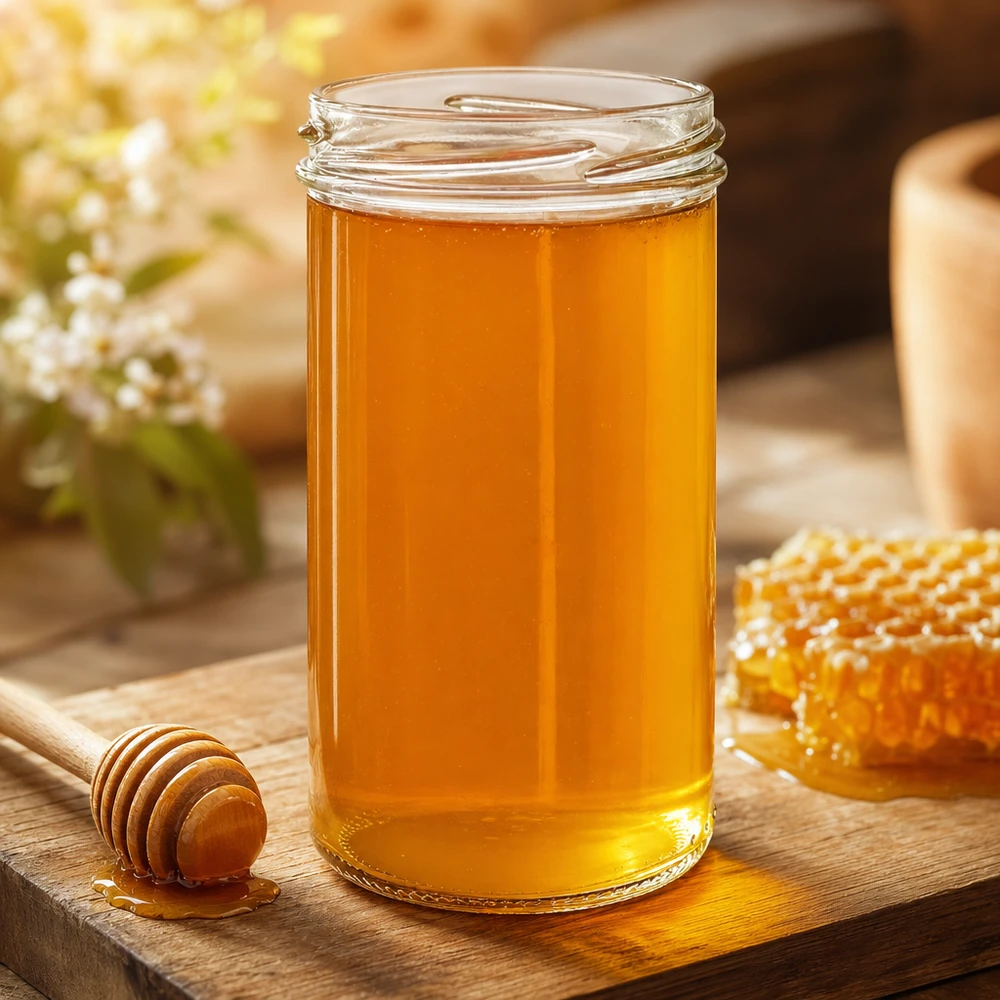 UNiTWIST Sturz277 - Briller med en kapacitet på 277 ml TO66 UNiTWIST Sturzglas 277ml mit goldenem Honig gefüllt auf Holzbrett mit Honiglöffel und Waben - perfekt für Marmelade und