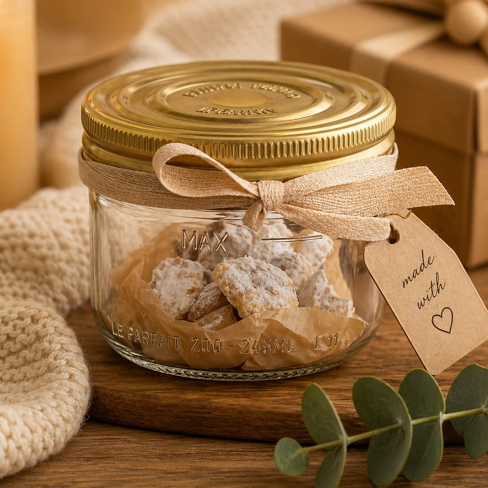 Le Parfait® Familia Wiss 200 g Ø82 mm glas 245 ml Familia Wiss-bægre med gyldent låg fyldt med hvidt slik og gavebånd på et træbord