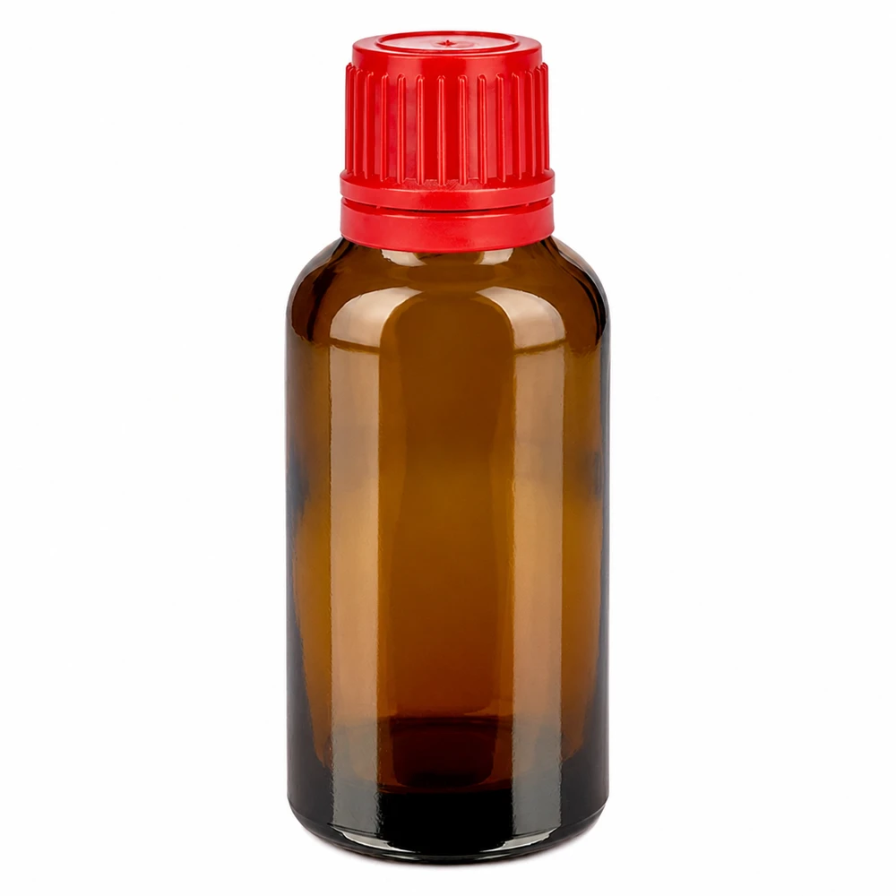 30 ml flaske 11 mm SV rød OV BrownLine UT18/30 30 ml brun glasflaske med rødt skruelåg til æteriske olier og tinkturer