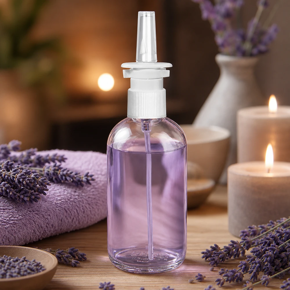 100 ml næsesprayflaske m./tr. STD ClearLine UT18/100 100 ml ClearLine-næsesprayflaske fyldt med lilla lavendelsvæske i en afslappende atmosfære