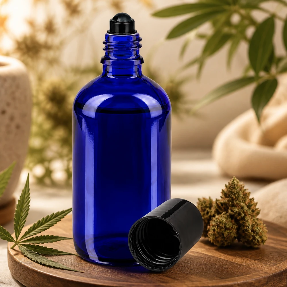 Blå 100 ml roll-on-flaske af apotekerglas ved siden af en cannabisblomst og et hampeblad på et træbræt