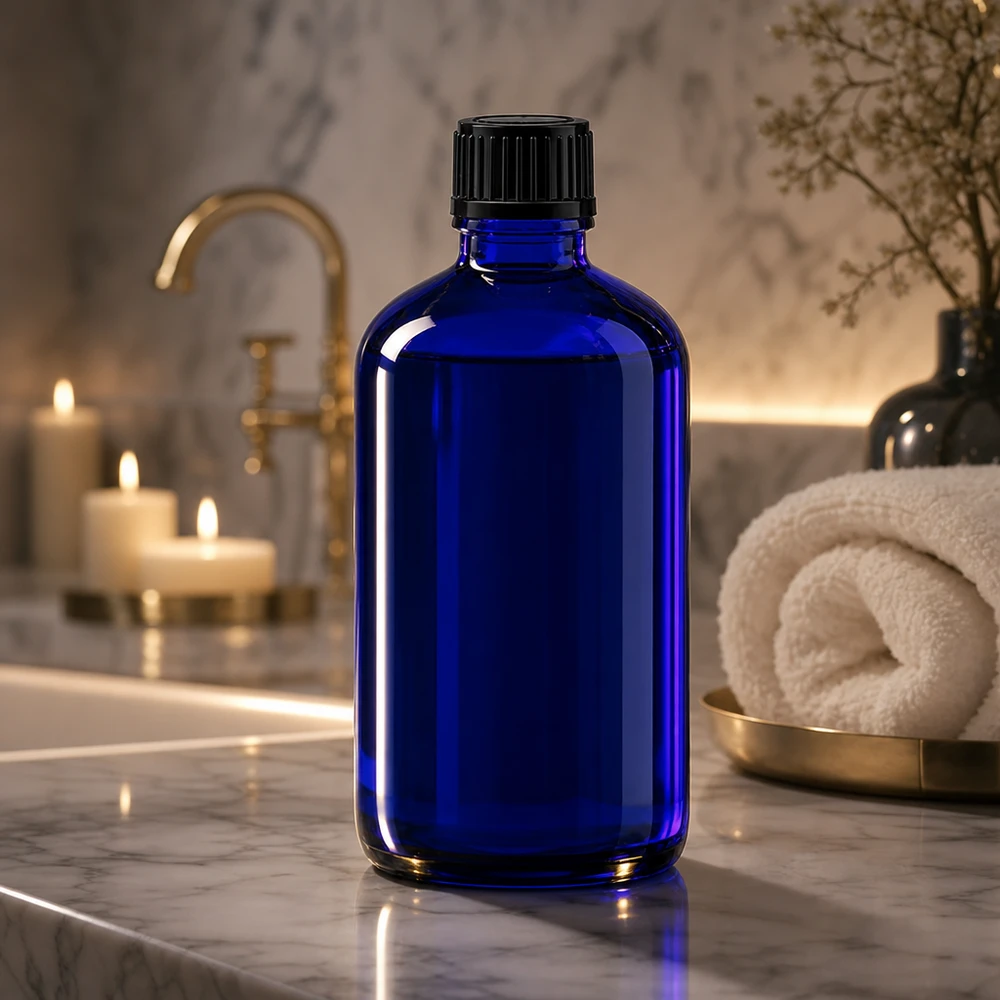 Apoteksflaske blå 100ml skruelåg sort pc Blå glasflaske på 100 ml med sort skruelåg på hvid marmor i badeværelset
