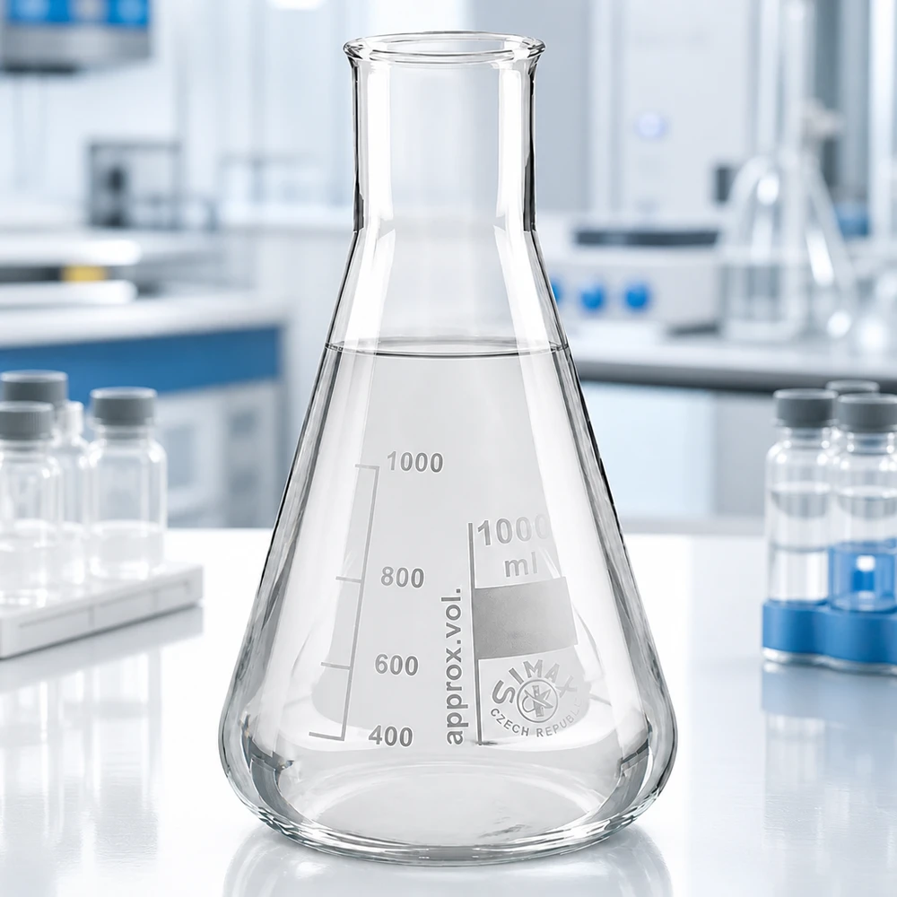 Erlenmeyer-kolbe med bred hals 200 ml af gennemsigtigt glas til kemiske analyser