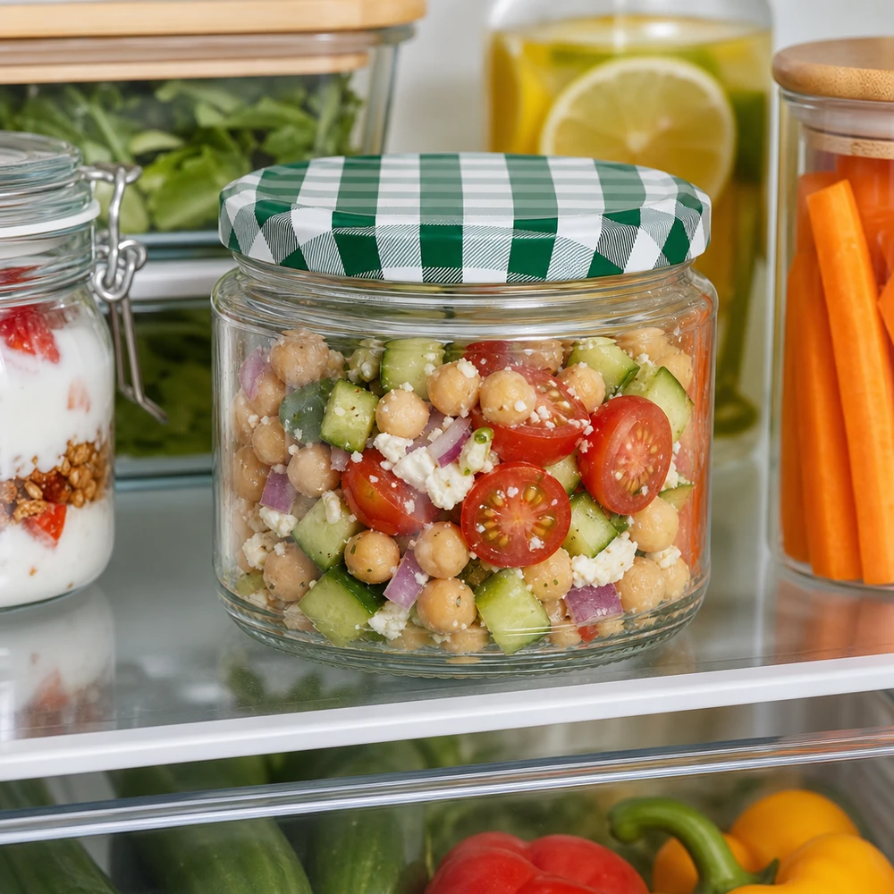 330 ml rund krukke + BasicSeal-låg grøn/hvid UNiTWIST 330ml Rundglas mit Kichererbsen-Salat im Kühlschrank, grün-weißer BasicSeal Deckel, Meal Prep und Frischhaltung
