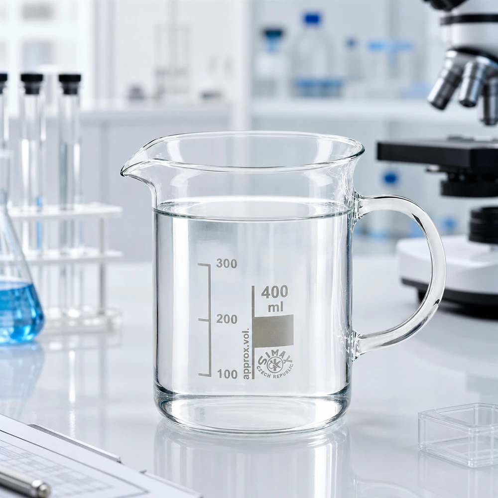 Bægerglas 400 ml borosilikatglas, med håndtag Gennemsigtigt bæger på 400 ml med hank i et professionelt laboratoriemiljø på en hvid arbejdsflade