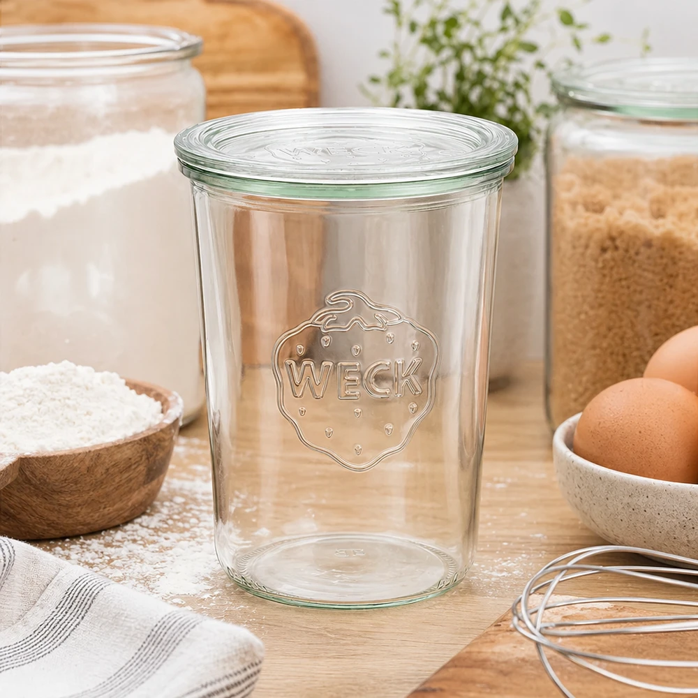 850 ml krukke med glaslåg WECK RR100 WECK konserveringskrukke 850ml RR100 i køkkenmiljø med mel æg og køkkenredskaber tumblekrukke med glaslåg