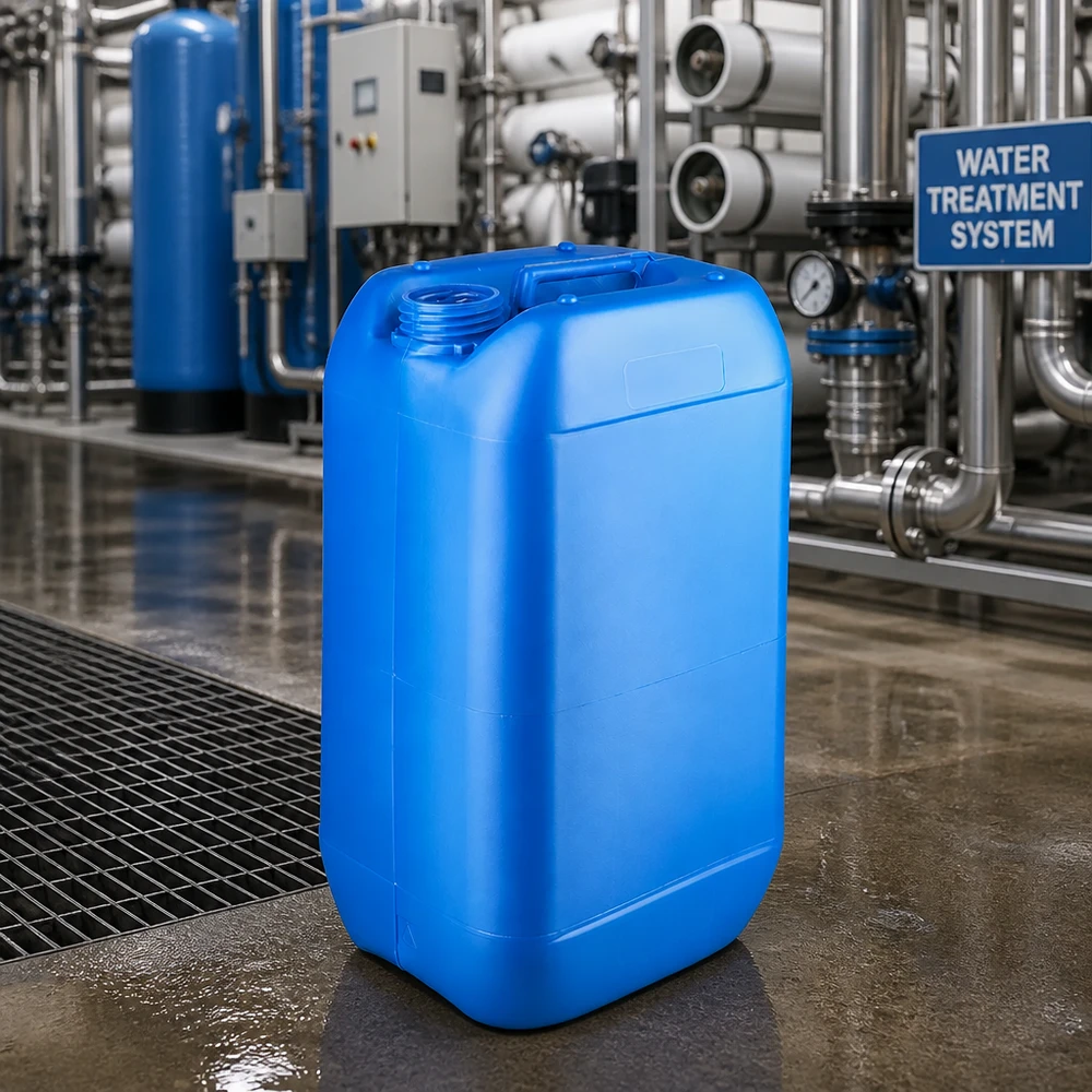 Kanister 15 liter blå uden låg Blå 15-liters dunk uden låg foran et industrielt vandrensningsanlæg
